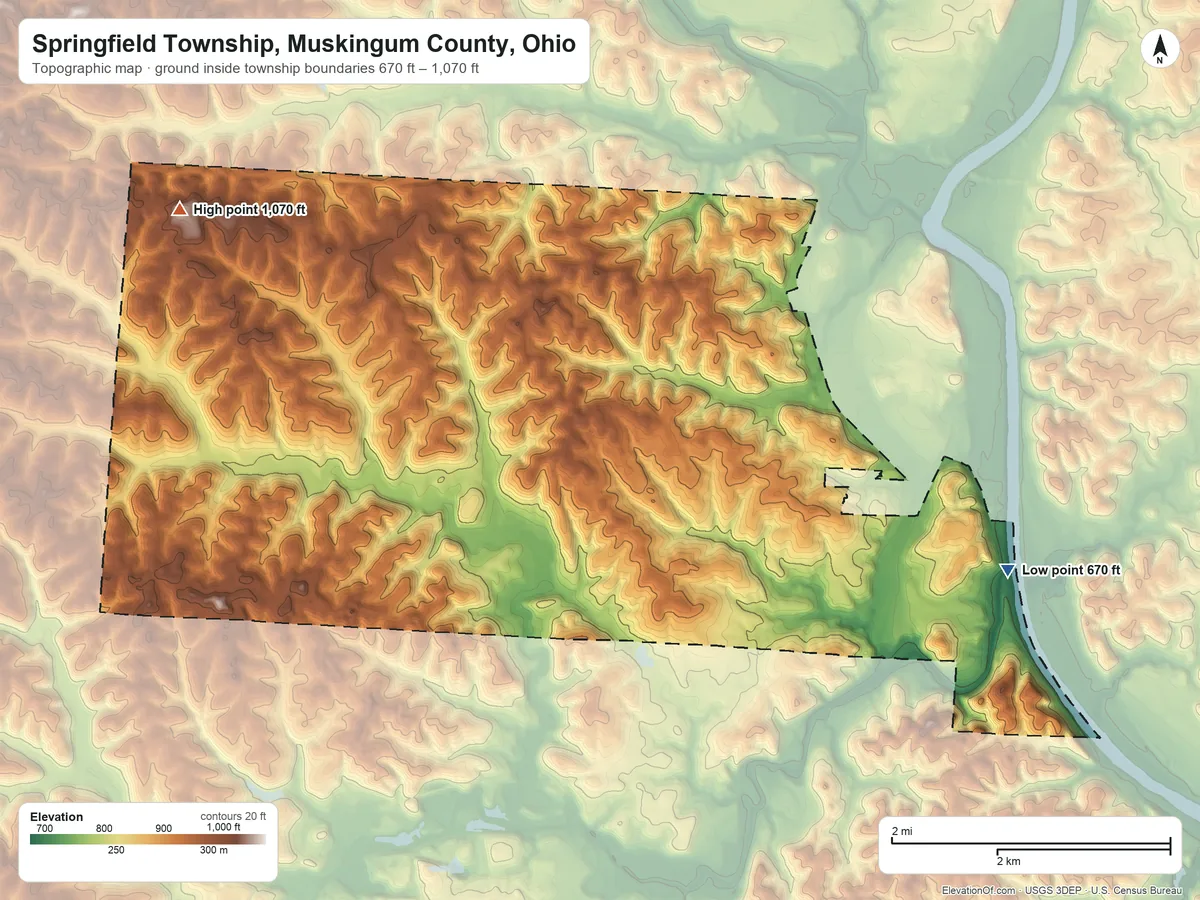 Topographic elevation map of Springfield Township, Muskingum County, Ohio, shaded from 670 ft on the east side to 1,070 ft on the northwest side