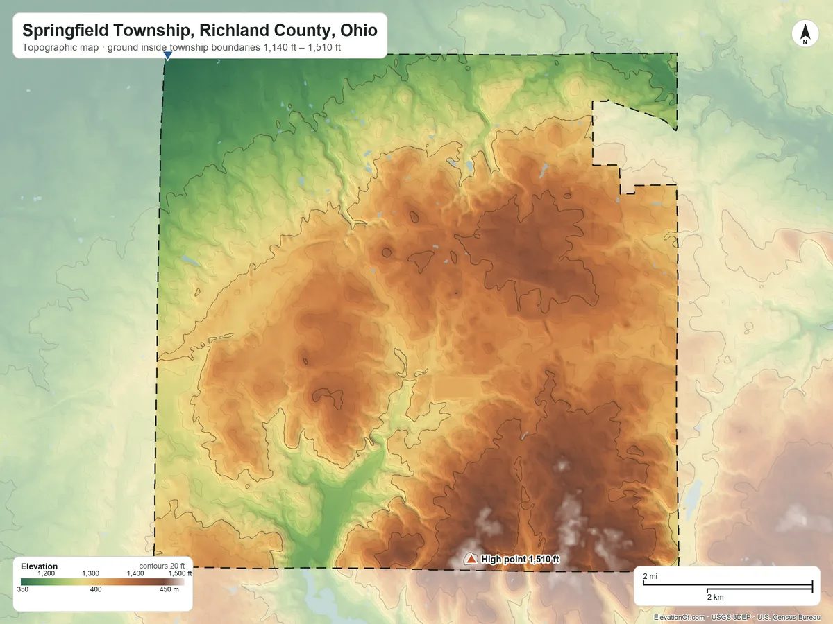 Topographic elevation map of Springfield Township, Richland County, Ohio, shaded from 1,140 ft on the northwest side to 1,510 ft on the south side