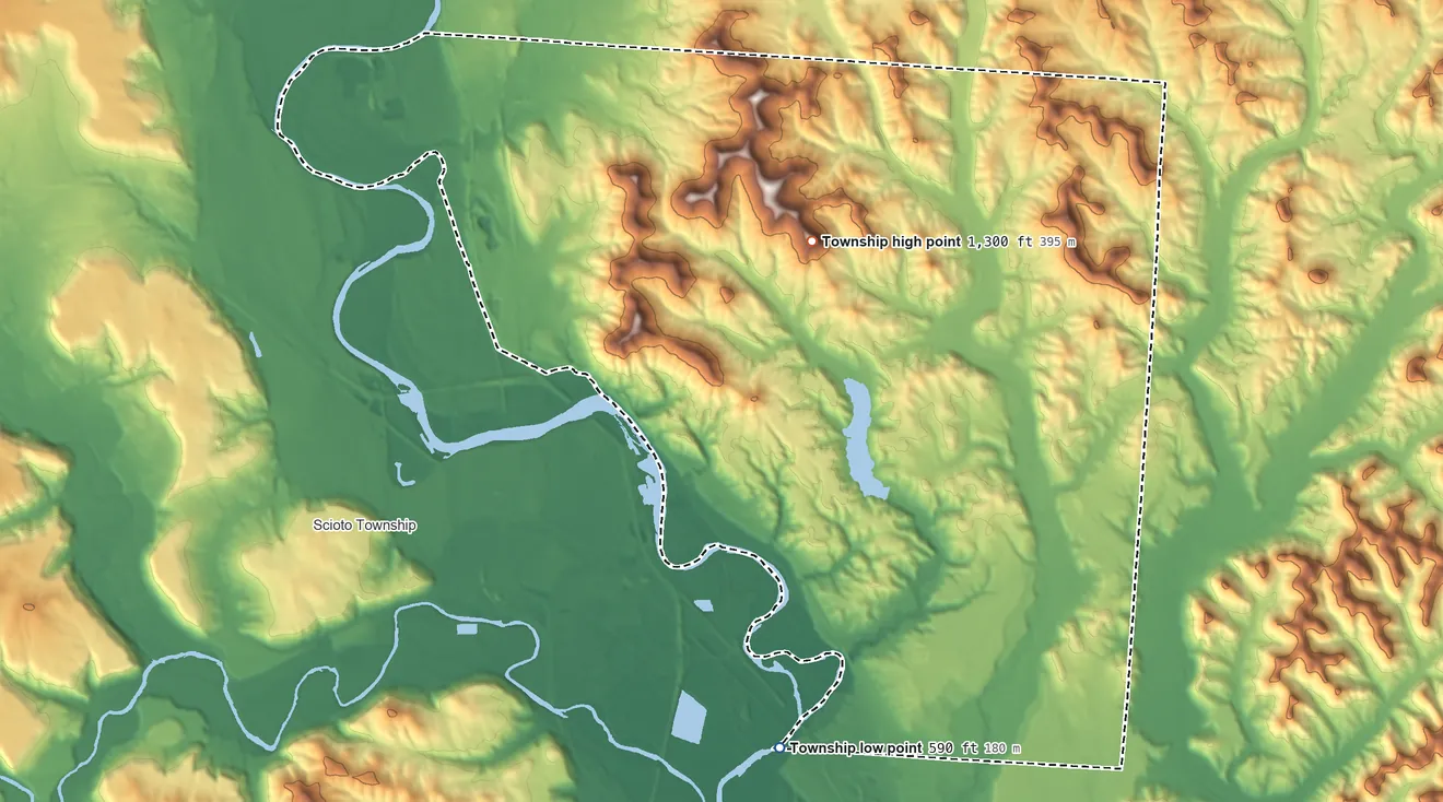 Topographic elevation map of Springfield Township, Ross County, Ohio, shaded from 590 ft on the south side to 1,300 ft on Rocky Knob
