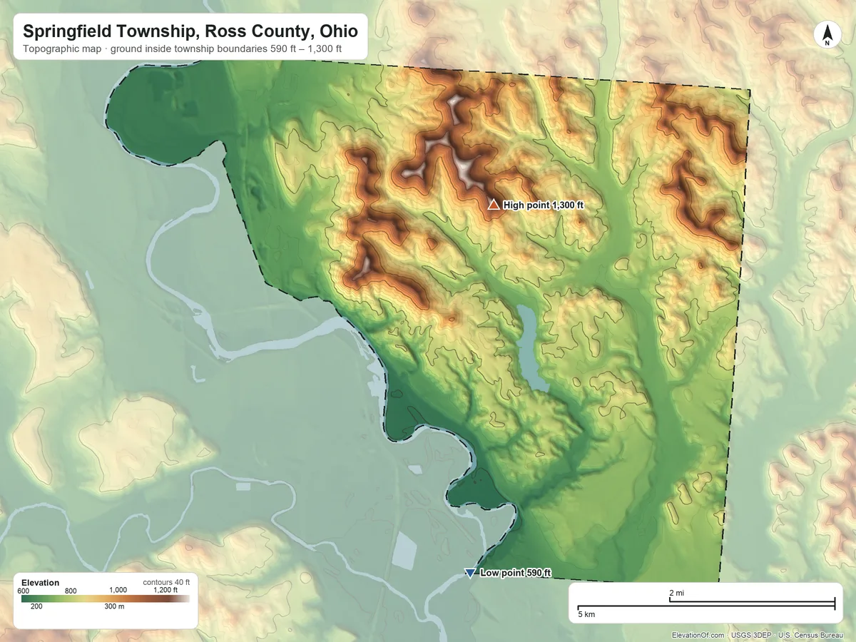 Topographic elevation map of Springfield Township, Ross County, Ohio, shaded from 590 ft on the south side to 1,300 ft on Rocky Knob