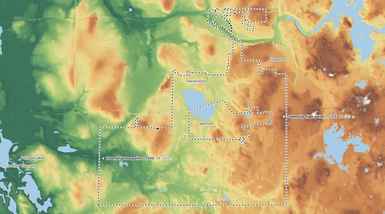 Topographic elevation map of Springfield Township, Summit County, Ohio, shaded from 1,000 ft on the west side to 1,260 ft on the northeast side