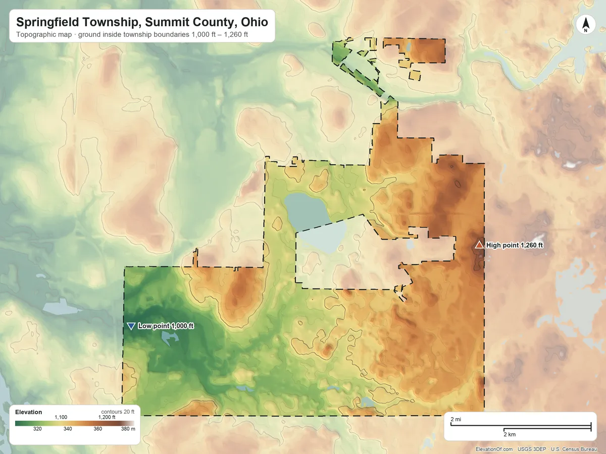 Topographic elevation map of Springfield Township, Summit County, Ohio, shaded from 1,000 ft on the west side to 1,260 ft on the northeast side