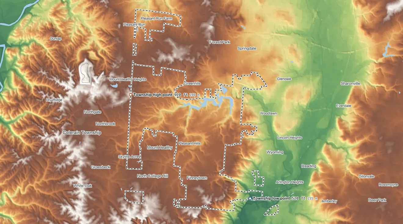 Topographic elevation map of Springfield Township, Ohio, shaded from 520 ft on the southeast side to 920 ft on the northwest side