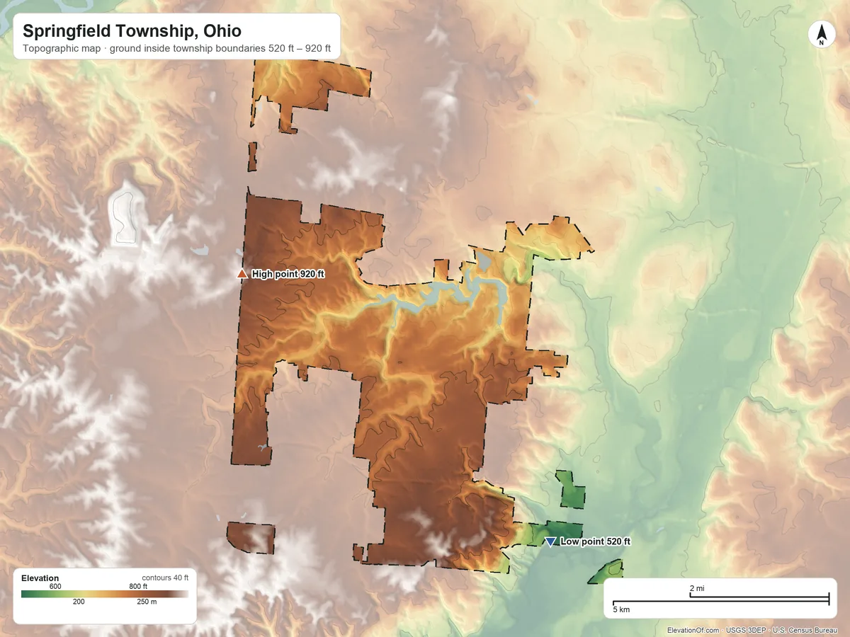 Topographic elevation map of Springfield Township, Ohio, shaded from 520 ft on the southeast side to 920 ft on the northwest side