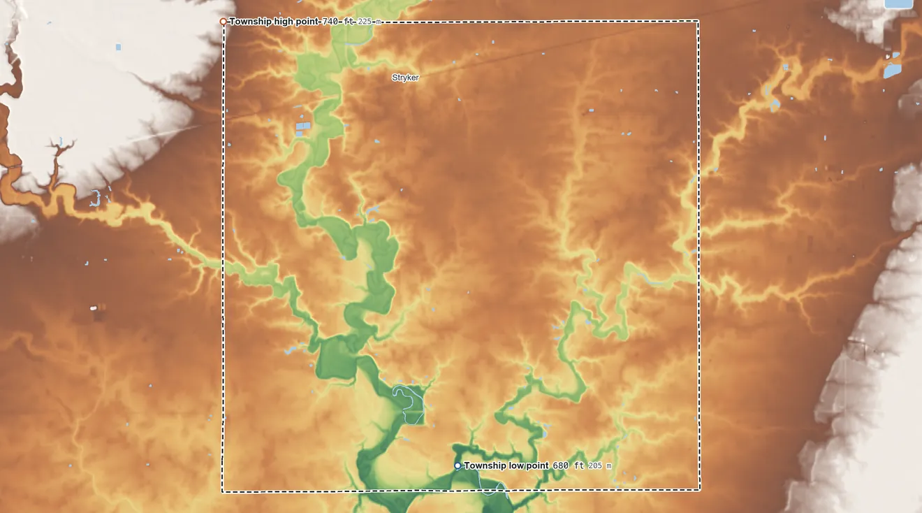 Topographic elevation map of Springfield Township, Williams County, Ohio, shaded from 680 ft on the south side to 740 ft on the northwest side