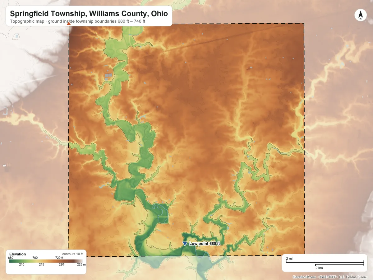 Topographic elevation map of Springfield Township, Williams County, Ohio, shaded from 680 ft on the south side to 740 ft on the northwest side