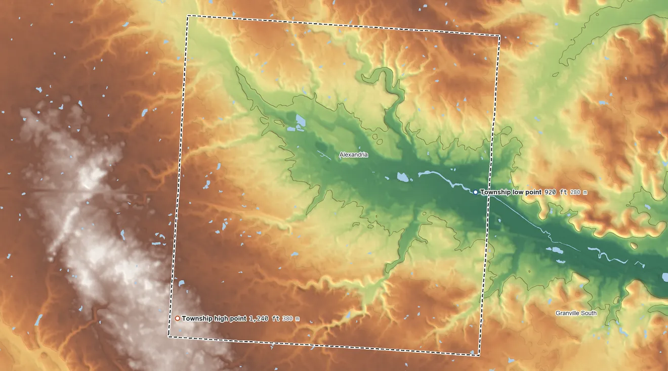 Topographic elevation map of St. Albans Township, Ohio, shaded from 920 ft on the east side to 1,240 ft on the southwest side