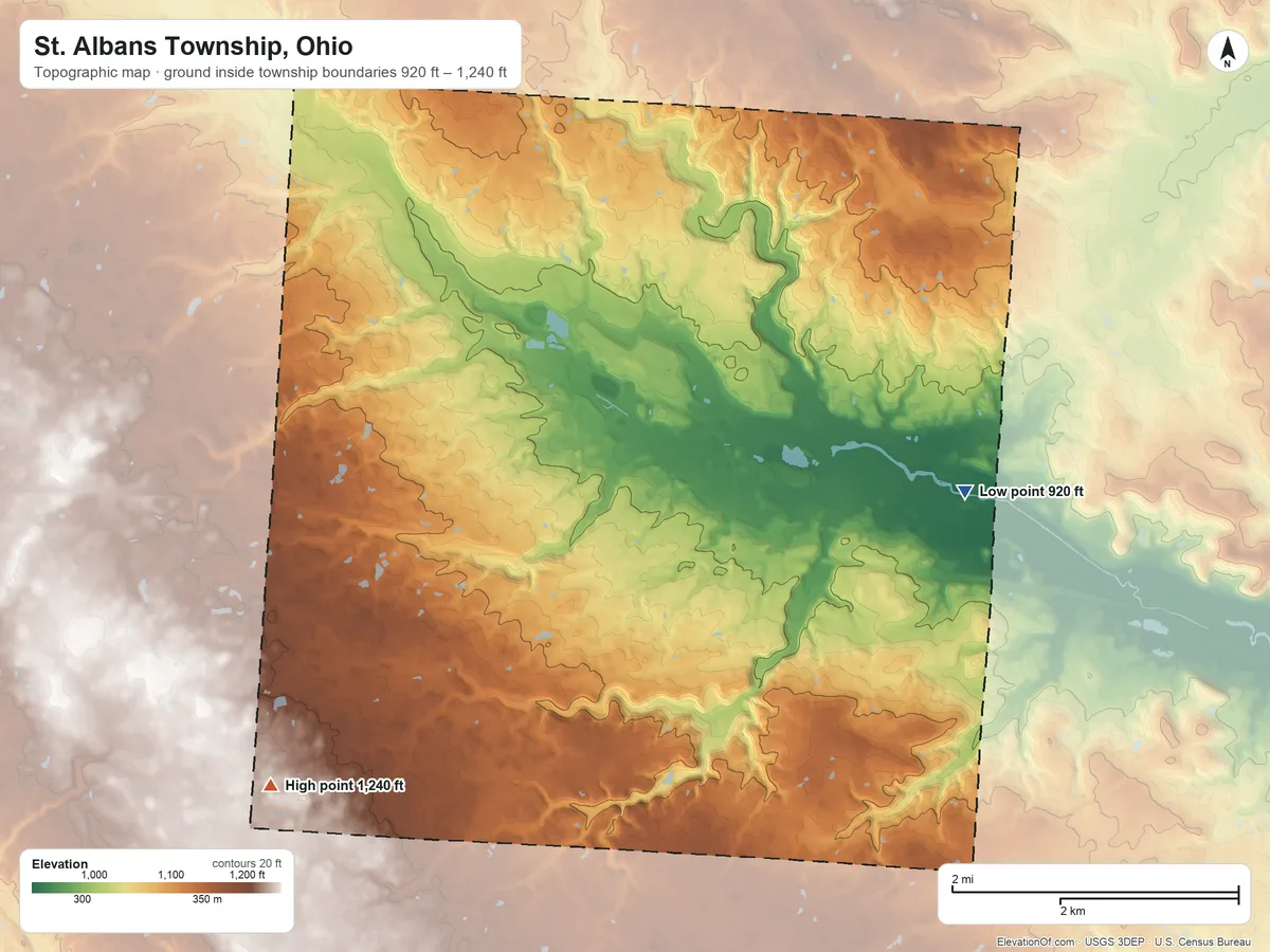 Topographic elevation map of St. Albans Township, Ohio, shaded from 920 ft on the east side to 1,240 ft on the southwest side