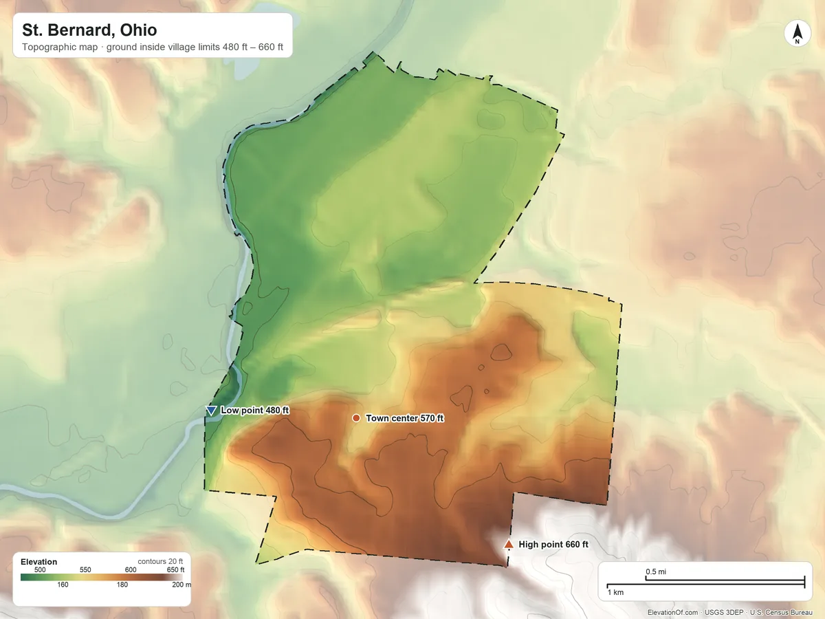 Topographic elevation map of St. Bernard, Ohio, shaded from 480 ft on the west side to 660 ft on the southeast side