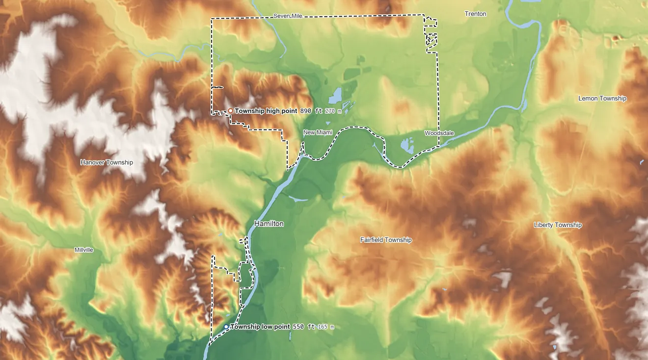 Topographic elevation map of St. Clair Township, Butler County, Ohio, shaded from 550 ft on the southwest side to 890 ft on the west side