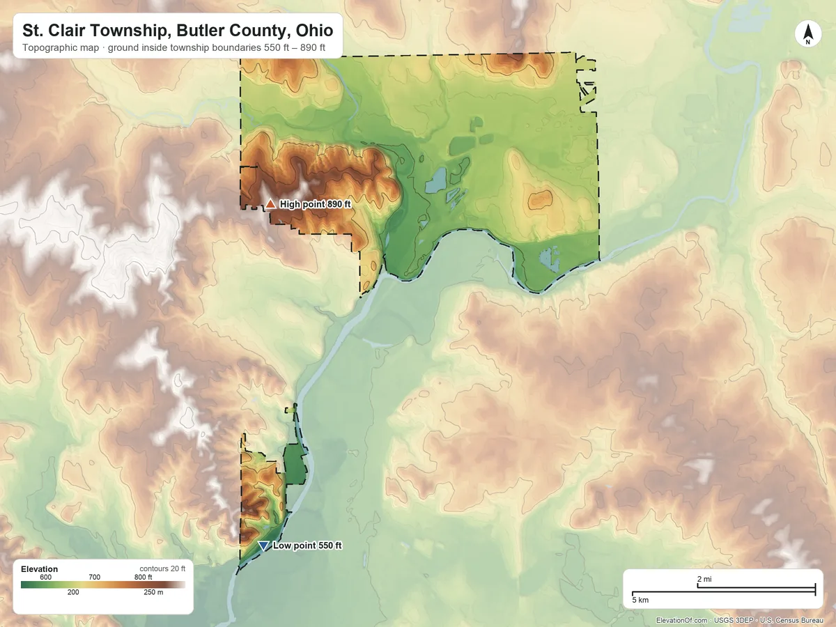 Topographic elevation map of St. Clair Township, Butler County, Ohio, shaded from 550 ft on the southwest side to 890 ft on the west side