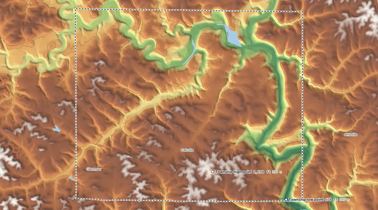 Topographic elevation map of St. Clair Township, Ohio, shaded from 670 ft on the southeast side to 1,280 ft on the southeast side