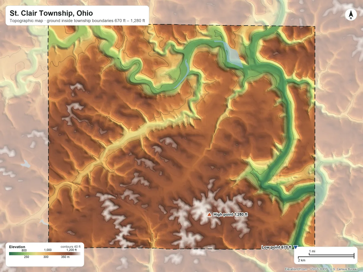 Topographic elevation map of St. Clair Township, Ohio, shaded from 670 ft on the southeast side to 1,280 ft on the southeast side
