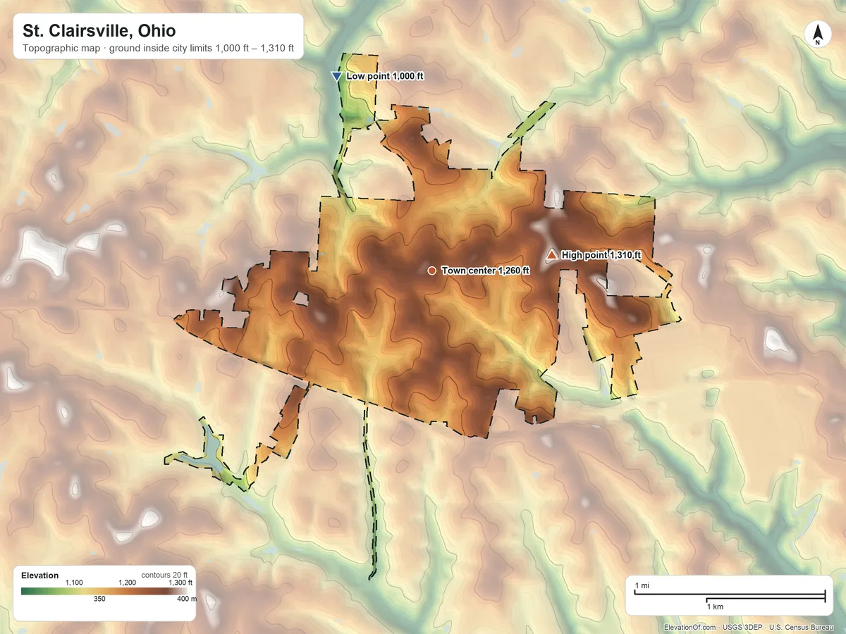 Topographic elevation map of St. Clairsville, Ohio, shaded from 1,000 ft on the northwest side to 1,310 ft on the east side