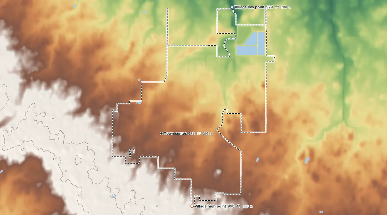 Topographic elevation map of St. Henry, Ohio, shaded from 920 ft on the northeast side to 990 ft on the southeast side