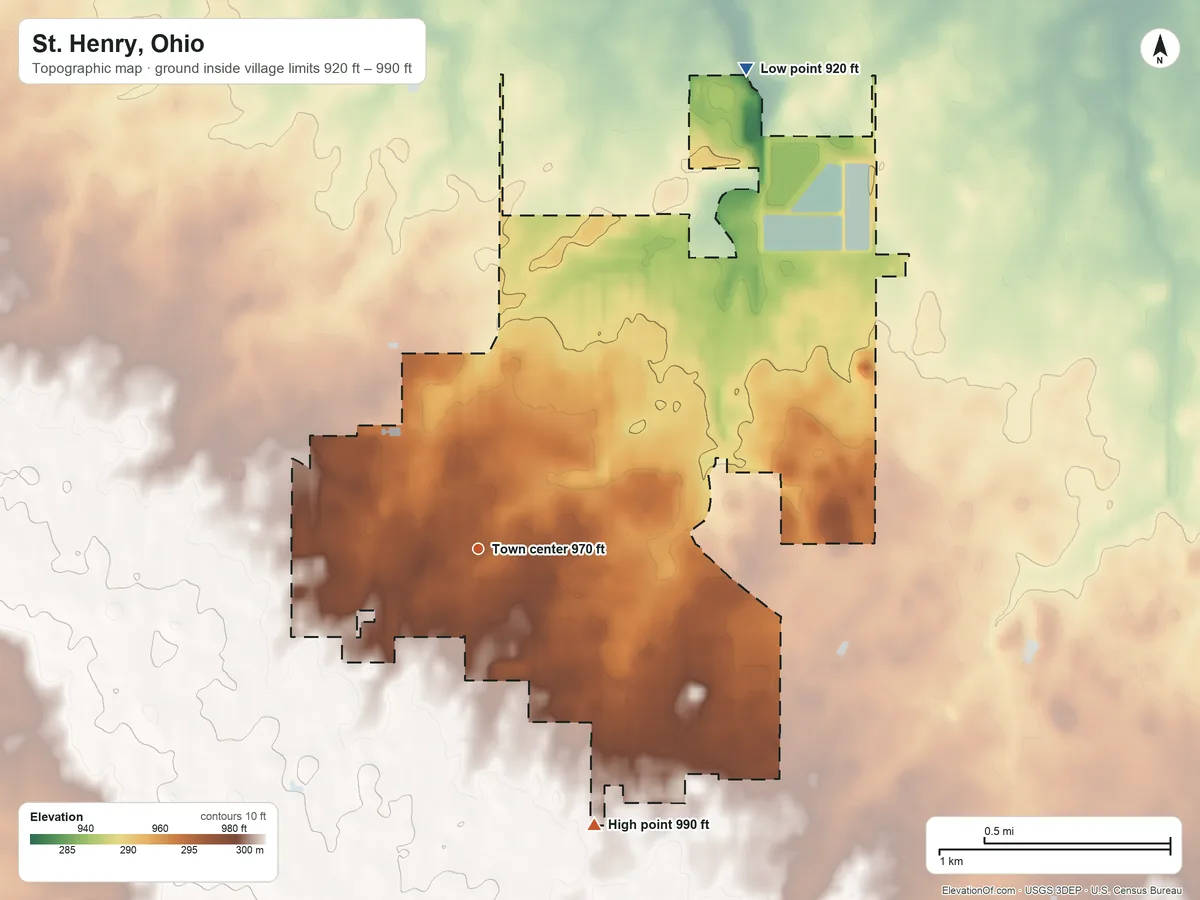 Topographic elevation map of St. Henry, Ohio, shaded from 920 ft on the northeast side to 990 ft on the southeast side