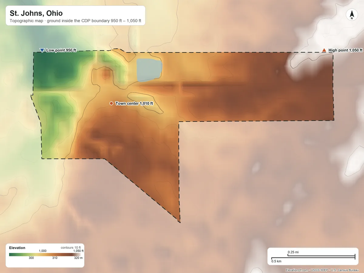 Topographic elevation map of St. Johns, Ohio, shaded from 950 ft on the northwest side to 1,050 ft on the east side