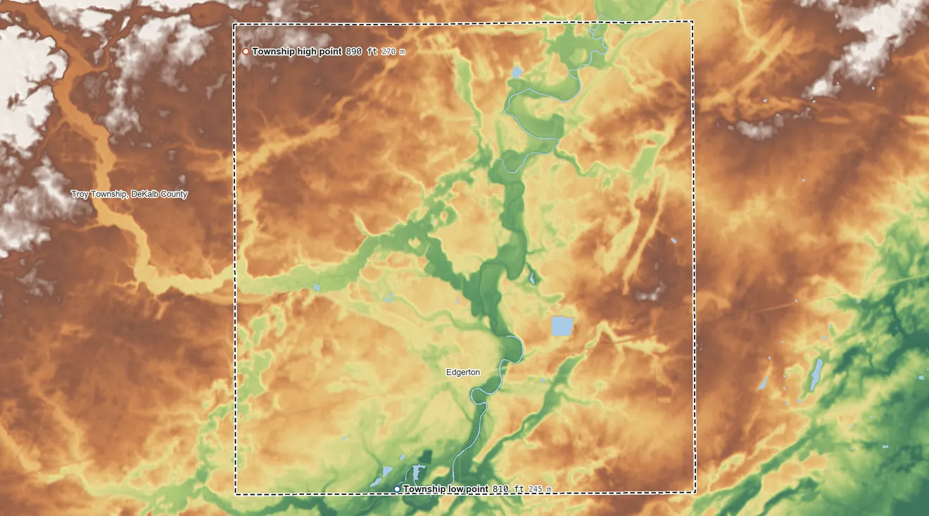 Topographic elevation map of St. Joseph Township, Ohio, shaded from 810 ft on the southwest side to 890 ft on the northwest side