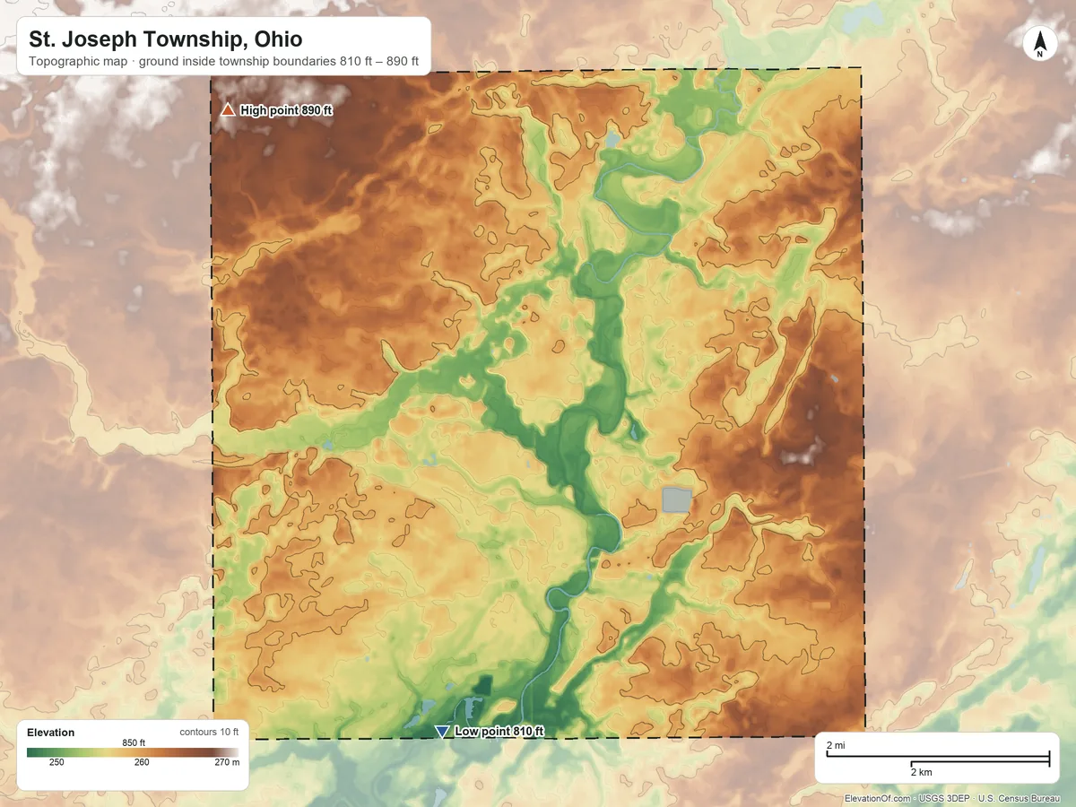 Topographic elevation map of St. Joseph Township, Ohio, shaded from 810 ft on the southwest side to 890 ft on the northwest side