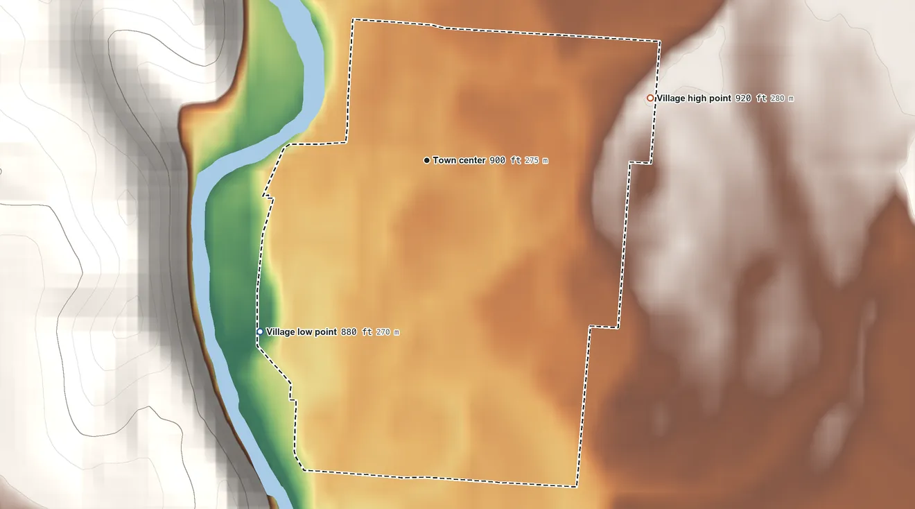 Topographic elevation map of St. Louisville, Ohio, shaded from 880 ft on the southwest side to 920 ft on the east side
