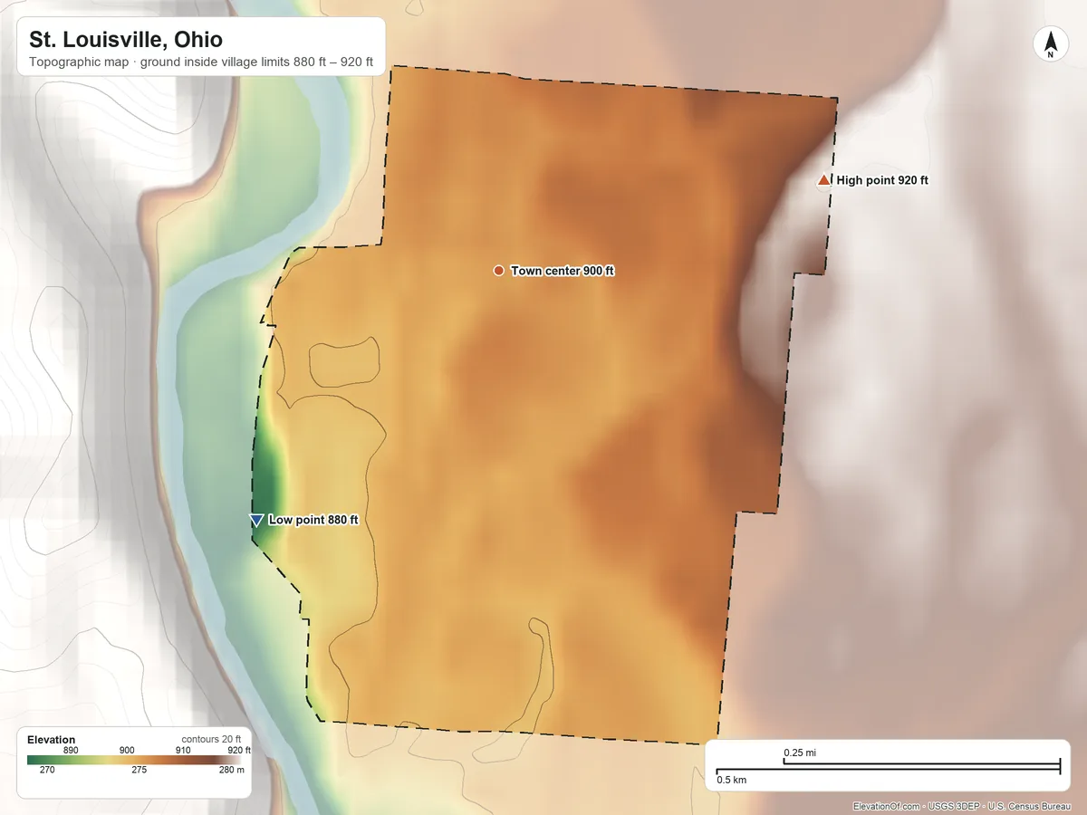 Topographic elevation map of St. Louisville, Ohio, shaded from 880 ft on the southwest side to 920 ft on the east side