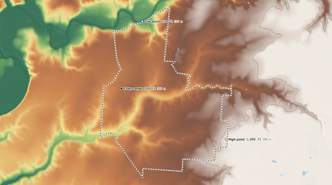 Topographic elevation map of St. Martin, Ohio, shaded from 920 ft on the north side to 1,000 ft on the southeast side