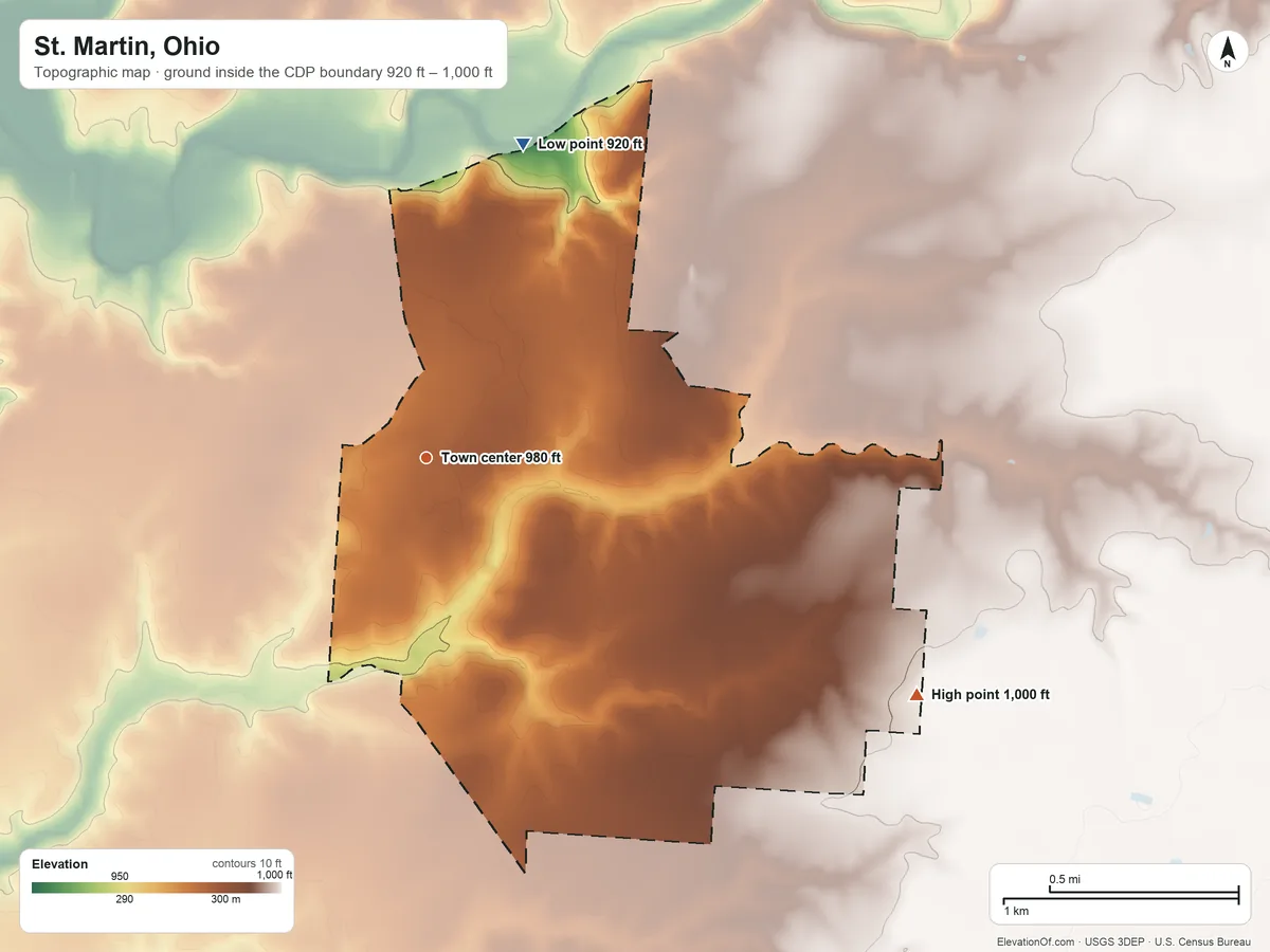 Topographic elevation map of St. Martin, Ohio, shaded from 920 ft on the north side to 1,000 ft on the southeast side