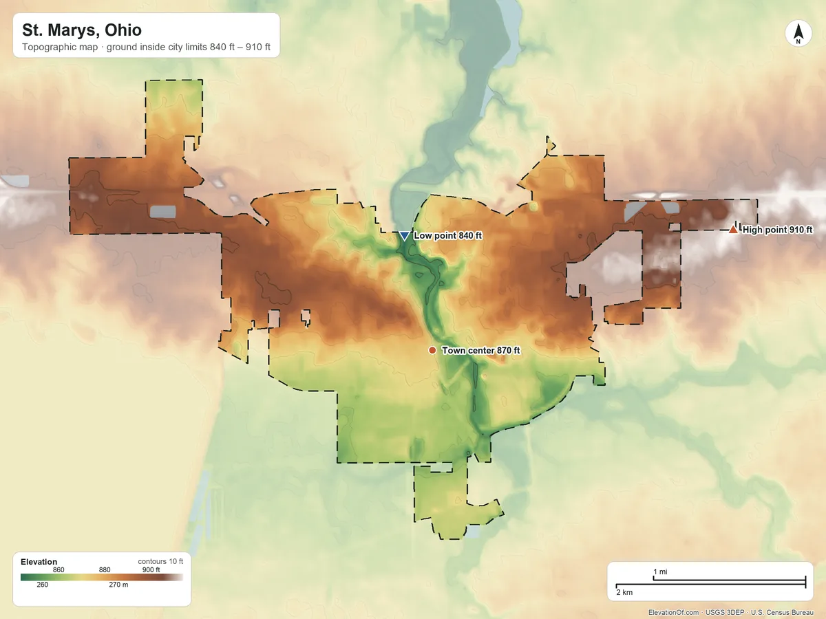 Topographic elevation map of St. Marys, Ohio, shaded from 840 ft on the north side to 910 ft on the east side