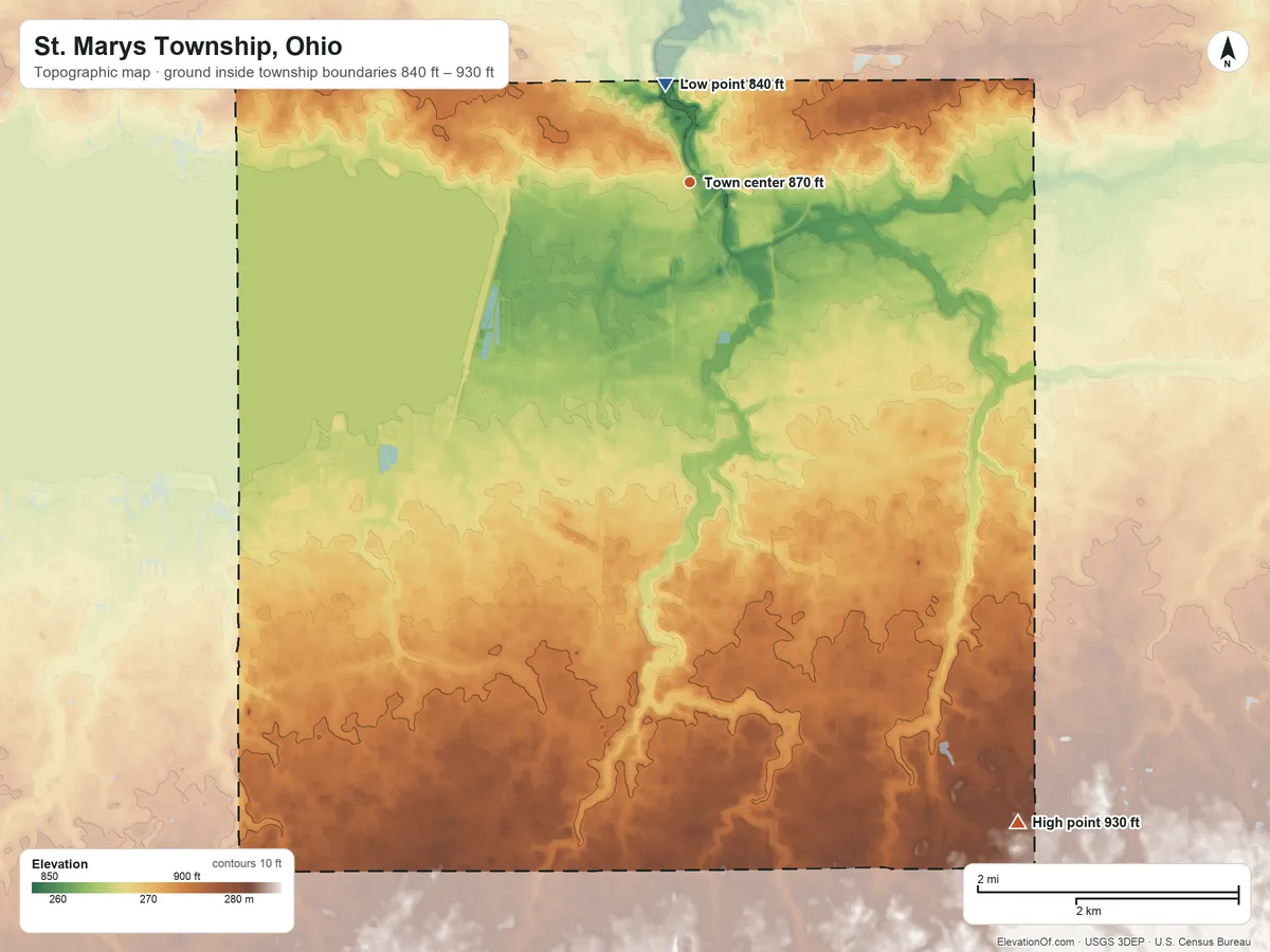 Topographic elevation map of St. Marys Township, Ohio, shaded from 840 ft near the middle to 930 ft on the southeast side