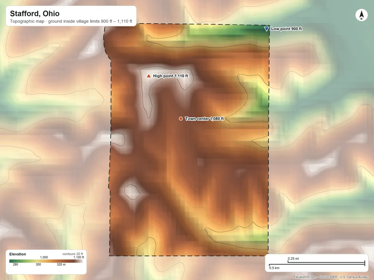 Topographic elevation map of Stafford, Ohio, shaded from 900 ft on the northeast side to 1,110 ft on the northwest side