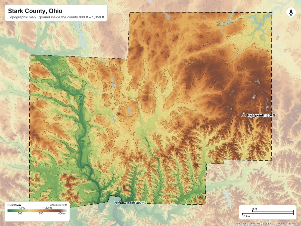 Topographic elevation map of Stark County, Ohio, shaded from 890 ft on the south side to 1,350 ft on the east side
