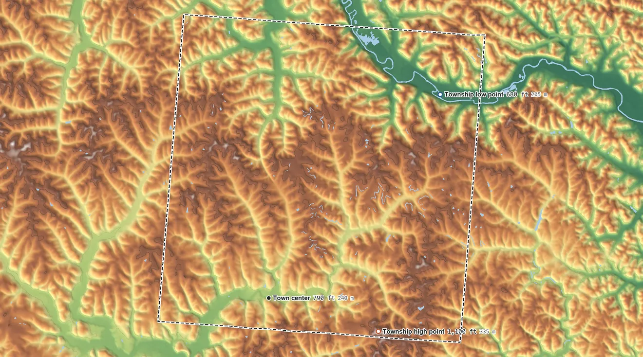 Topographic elevation map of Starr Township, Ohio, shaded from 680 ft on the northeast side to 1,100 ft on the east side