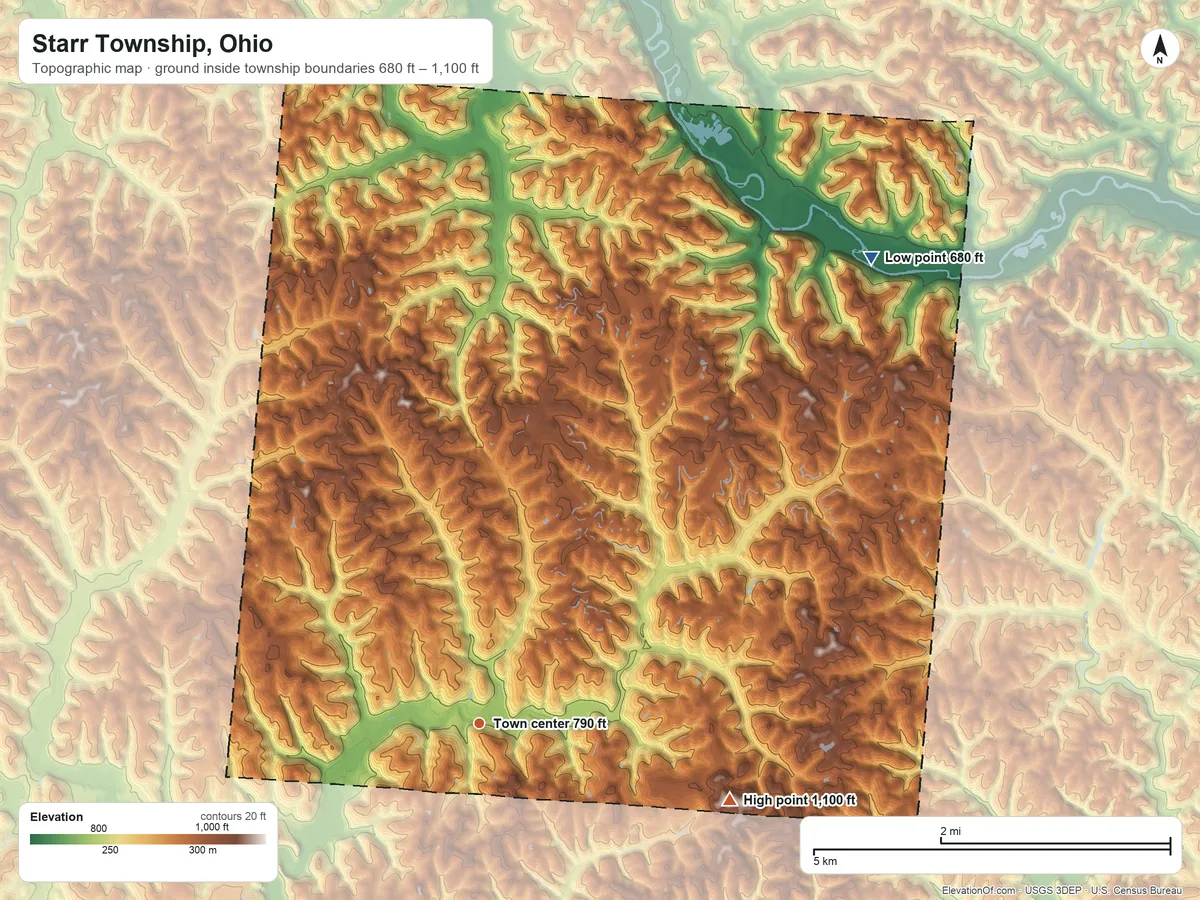 Topographic elevation map of Starr Township, Ohio, shaded from 680 ft on the northeast side to 1,100 ft on the east side
