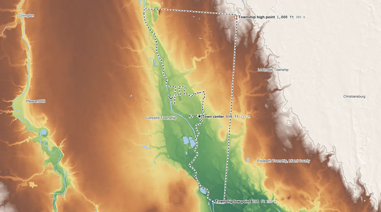 Topographic elevation map of Staunton Township, Ohio, shaded from 790 ft on the south side to 1,000 ft on the north side