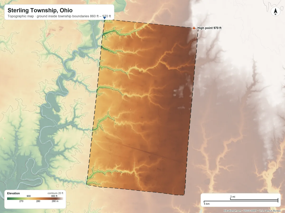 Topographic elevation map of Sterling Township, Ohio, shaded from 860 ft on the north side to 970 ft on the northeast side