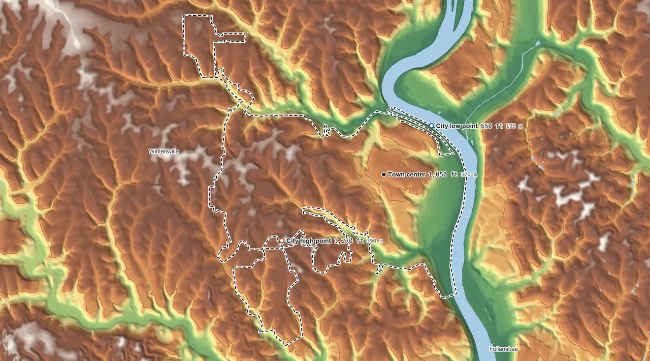 Topographic elevation map of Steubenville, Ohio, shaded from 650 ft on the northeast side to 1,270 ft on the southwest side