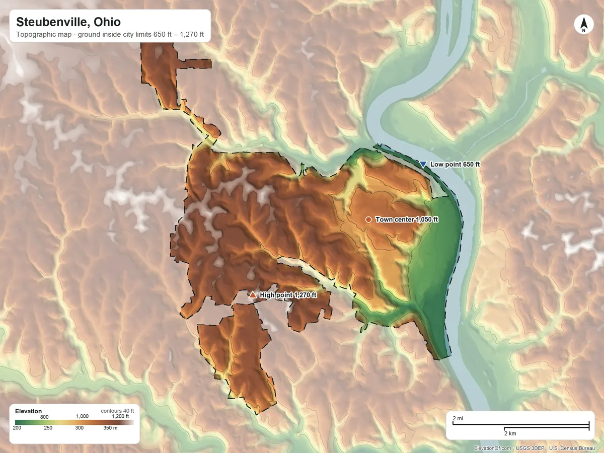 Topographic elevation map of Steubenville, Ohio, shaded from 650 ft on the northeast side to 1,270 ft on the southwest side