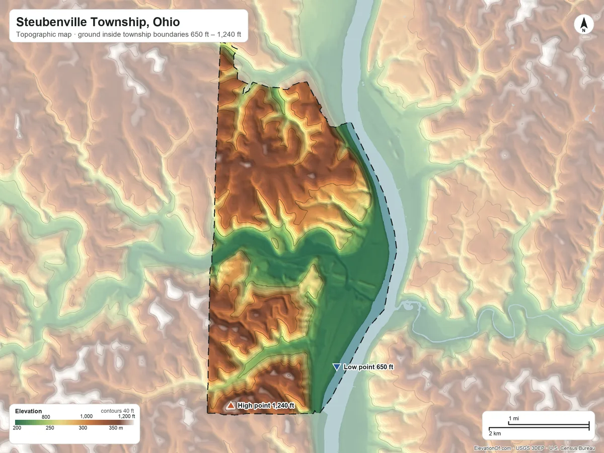 Topographic elevation map of Steubenville Township, Ohio, shaded from 650 ft on the south side to 1,240 ft on the southwest side