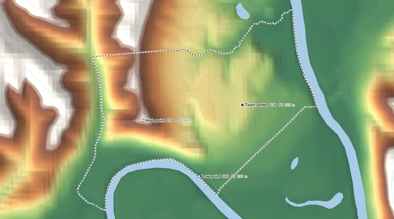 Topographic elevation map of Stewart, Ohio, shaded from 600 ft on the southwest side to 810 ft on the west side