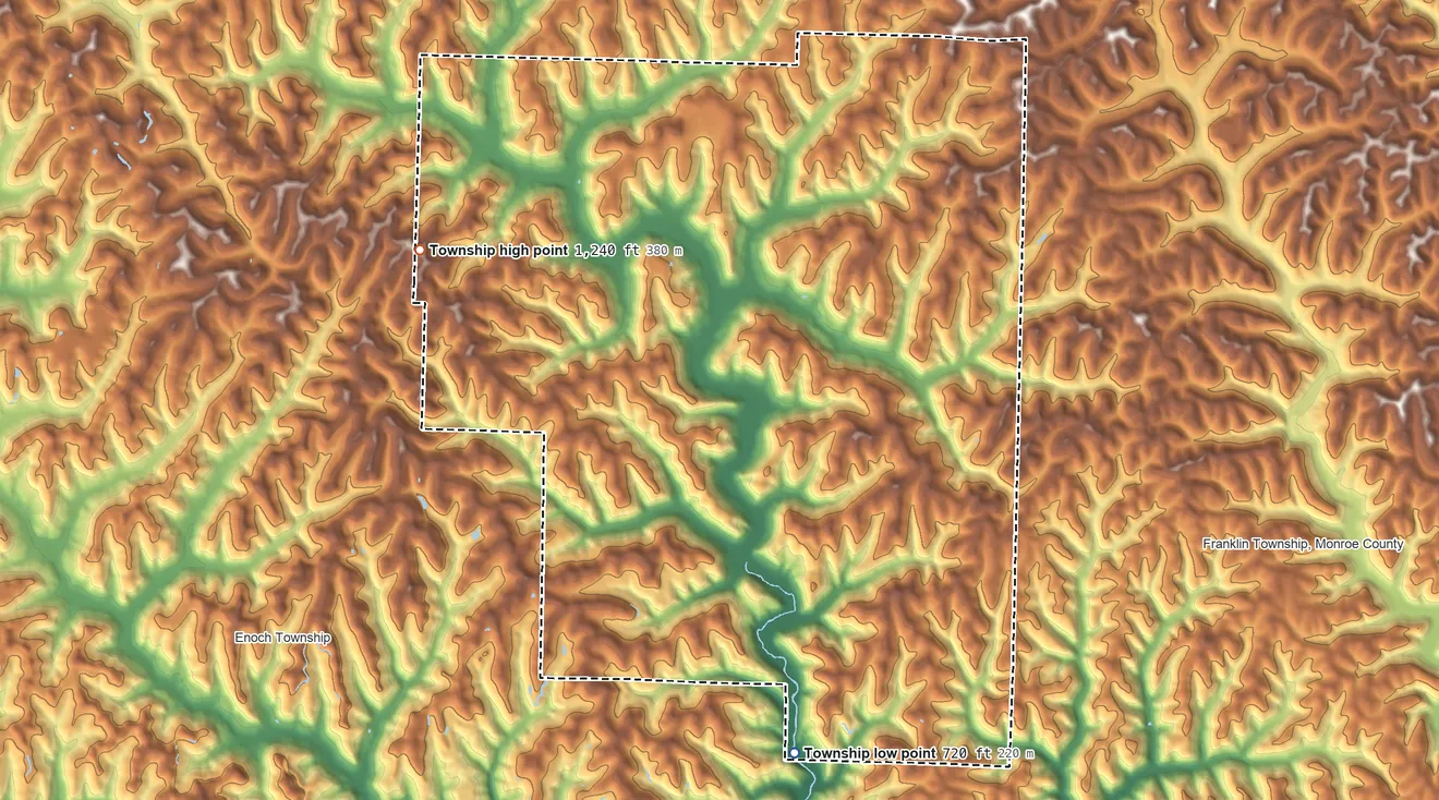 Topographic elevation map of Stock Township, Noble County, Ohio, shaded from 720 ft on the south side to 1,240 ft on the northwest side