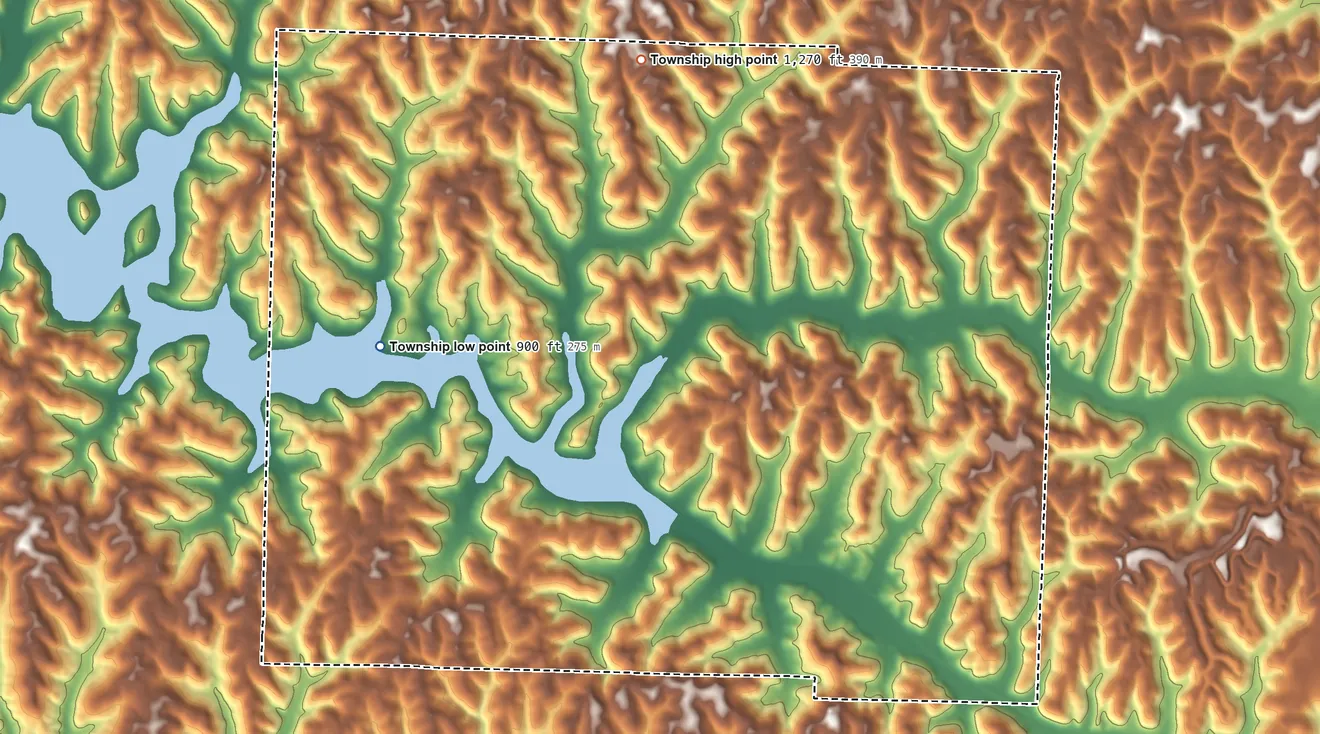 Topographic elevation map of Stock Township, Ohio, shaded from 900 ft on the west side to 1,270 ft on the north side