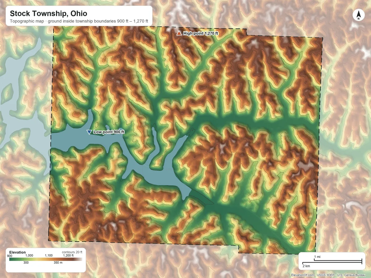 Topographic elevation map of Stock Township, Ohio, shaded from 900 ft on the west side to 1,270 ft on the north side