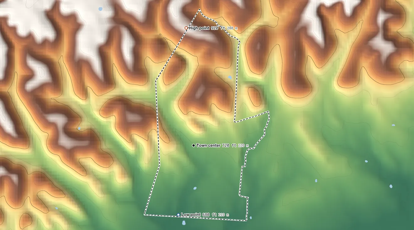 Topographic elevation map of Stockdale, Ohio, shaded from 680 ft on the south side to 920 ft on the north side