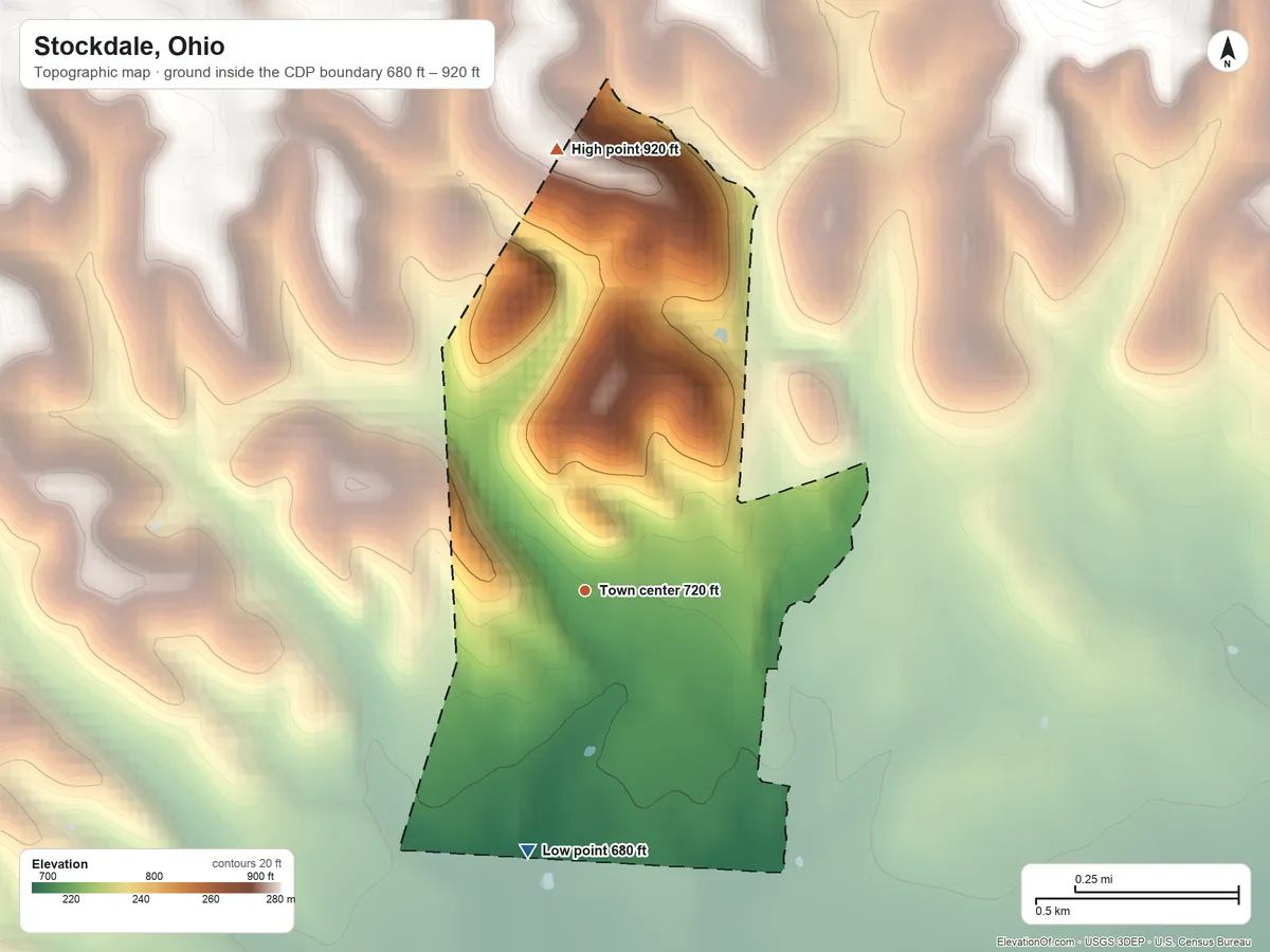 Topographic elevation map of Stockdale, Ohio, shaded from 680 ft on the south side to 920 ft on the north side