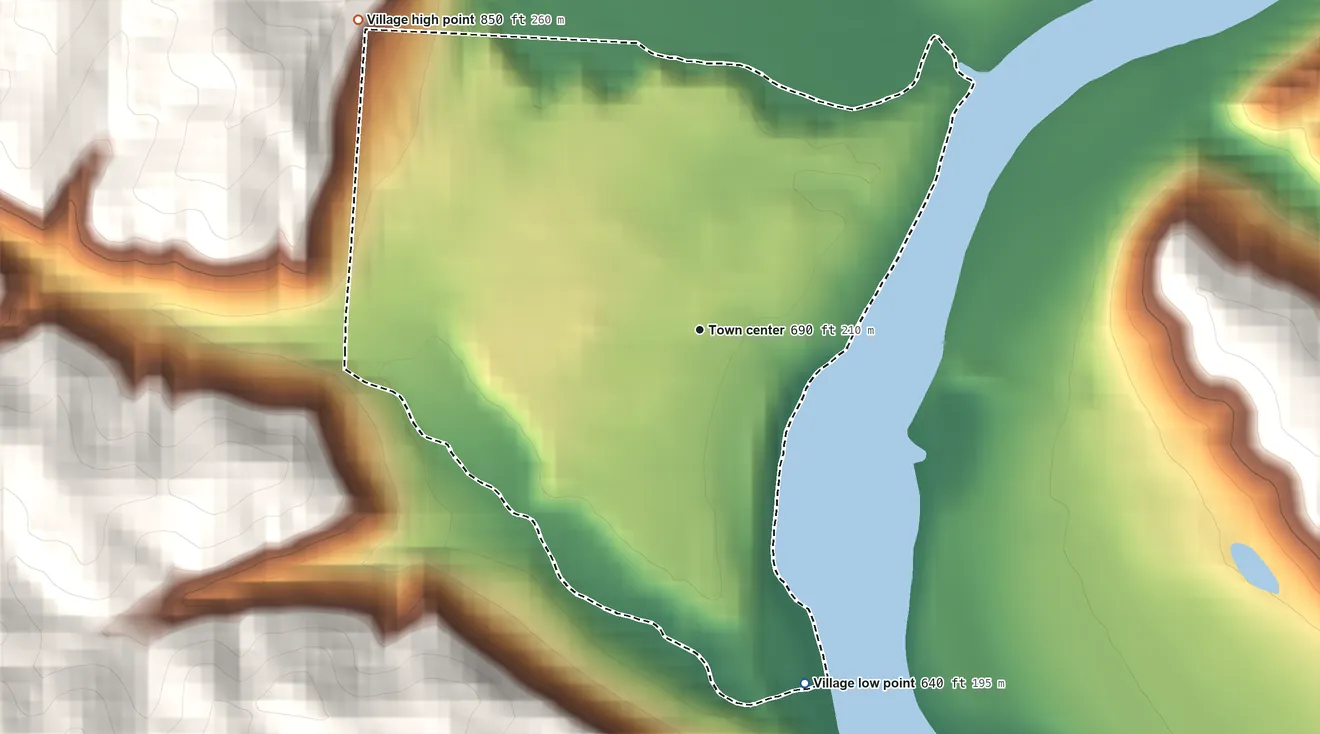 Topographic elevation map of Stockport, Ohio, shaded from 640 ft on the south side to 850 ft on the northwest side