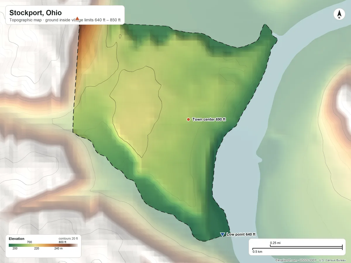 Topographic elevation map of Stockport, Ohio, shaded from 640 ft on the south side to 850 ft on the northwest side