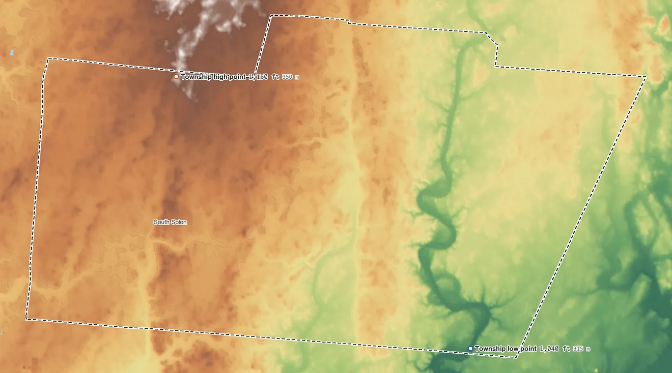 Topographic elevation map of Stokes Township, Madison County, Ohio, shaded from 1,040 ft on the southeast side to 1,150 ft on the northwest side