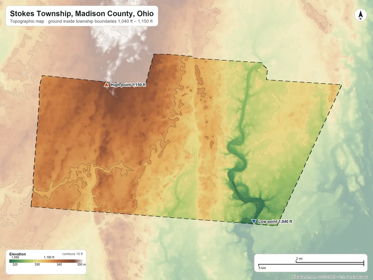 Topographic elevation map of Stokes Township, Madison County, Ohio, shaded from 1,040 ft on the southeast side to 1,150 ft on the northwest side