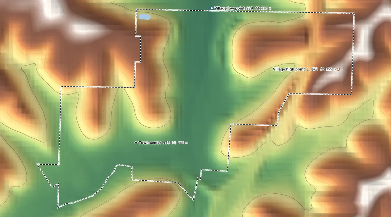 Topographic elevation map of Stone Creek, Ohio, shaded from 920 ft on the northeast side to 1,170 ft on the east side