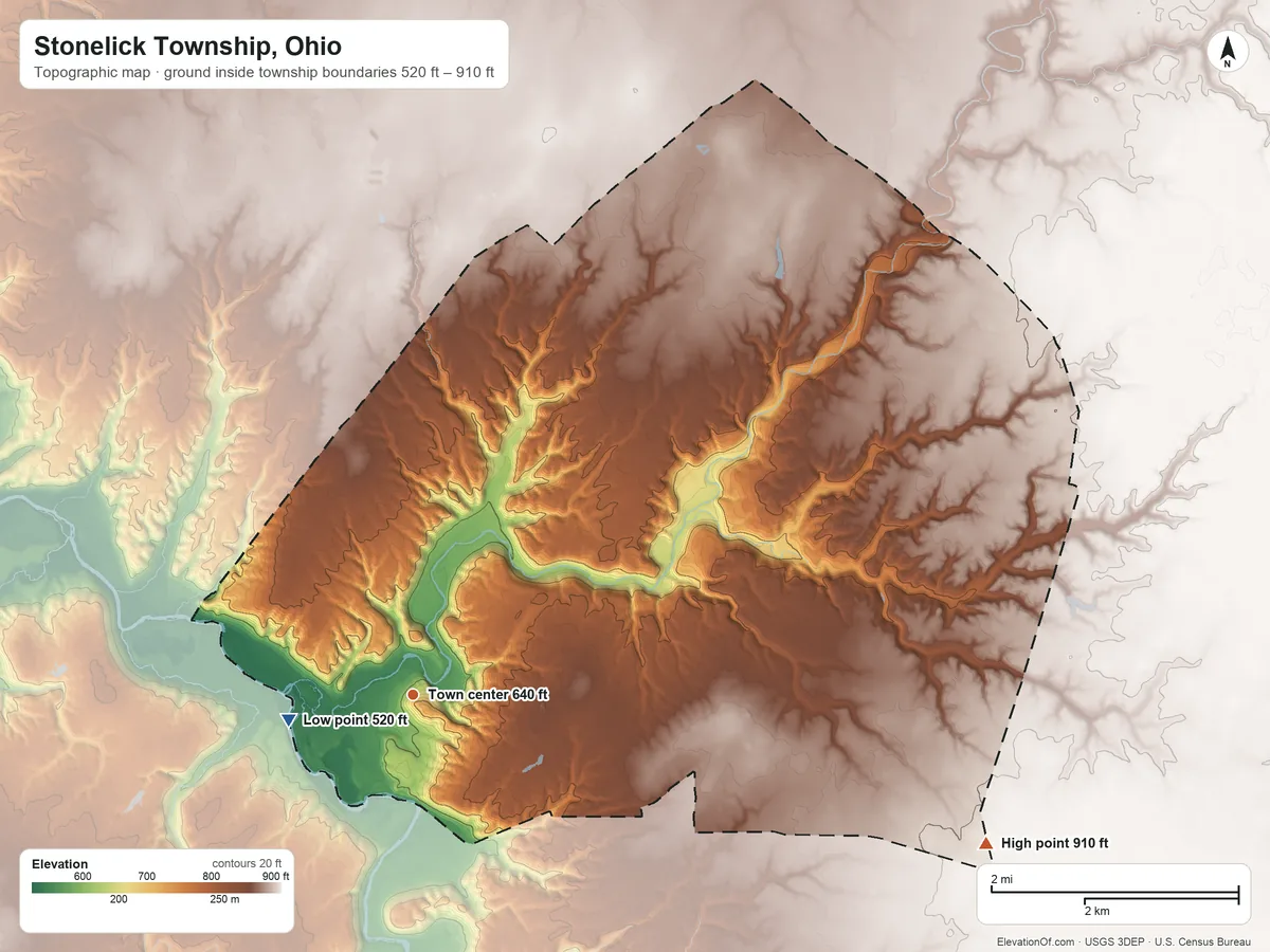 Topographic elevation map of Stonelick Township, Ohio, shaded from 520 ft on the west side to 910 ft on the east side